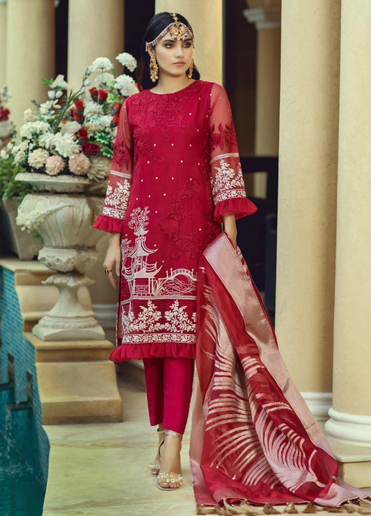 Azure Festive Embroidered Organza 3 Piece Unstitched Suit - D 03 - Blooming Fire