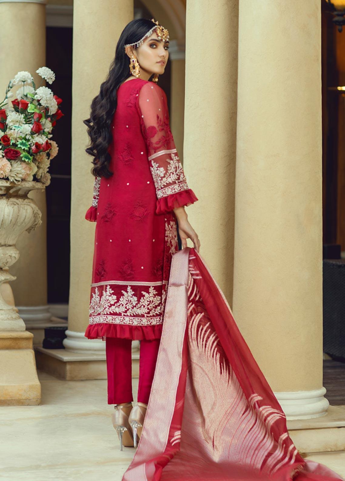 Azure Festive Embroidered Organza 3 Piece Unstitched Suit - D 03 - Blooming Fire