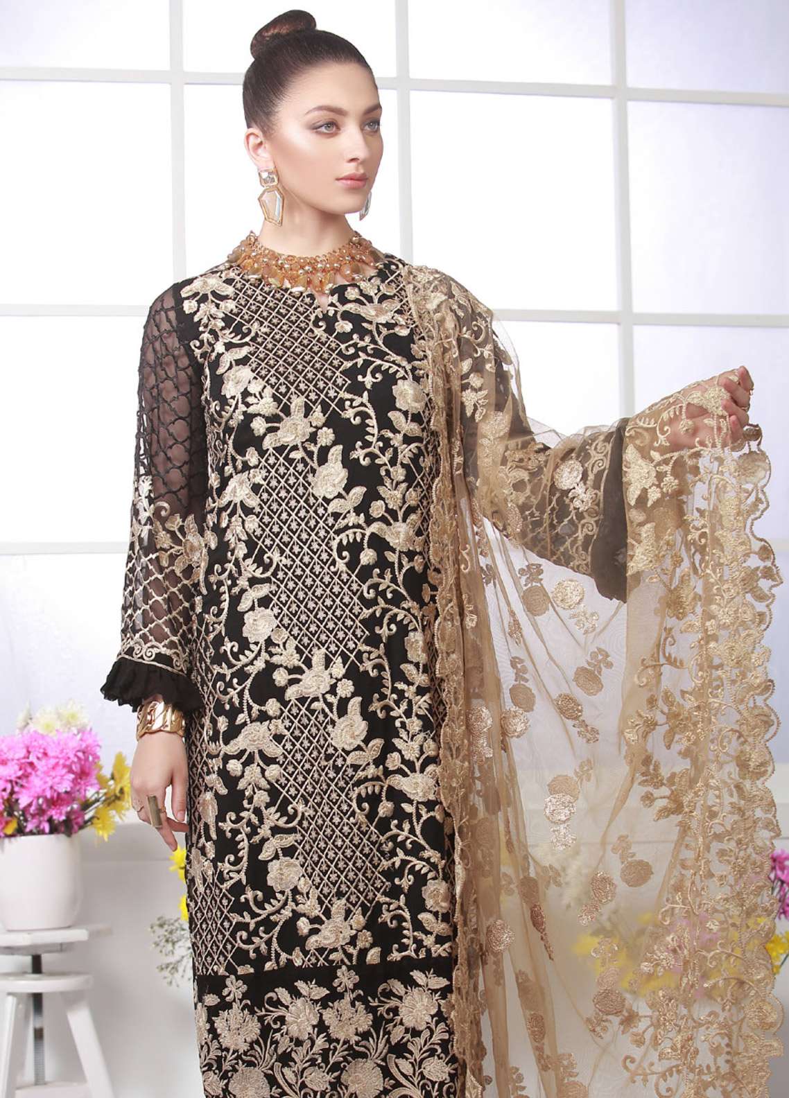 Azure Luxe Embroidered Chiffon 3 Piece Unstitched Suit - D-4 Eternity Rouge