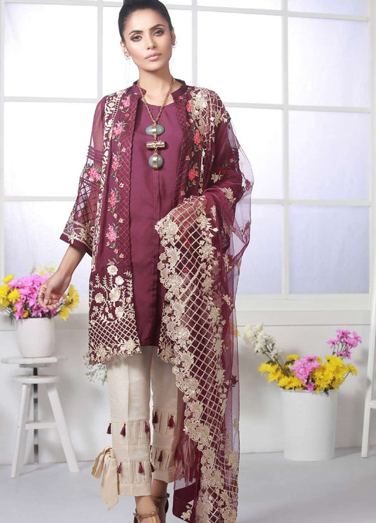 Azure Luxe Embroidered Chiffon 3 Piece Unstitched Suit - D-8 Berry Flake