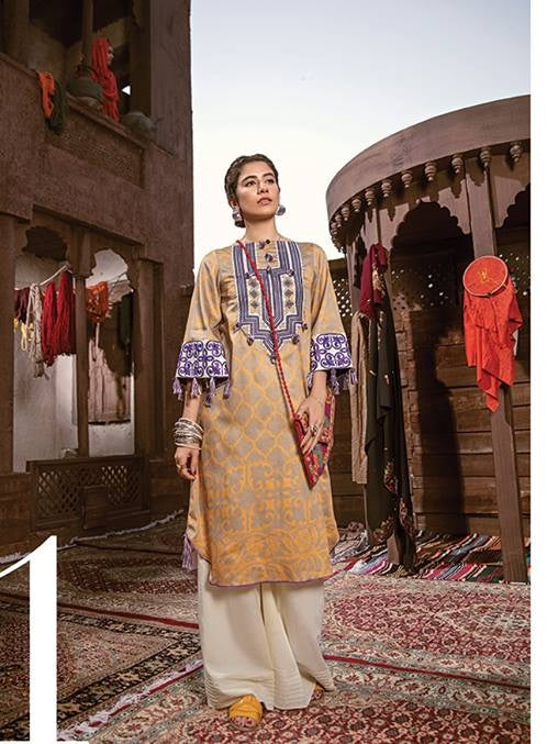 Cross Stitch Embroidered Cotton Satin Unstitched 2 Piece Suit - 01 Applique Delicacy