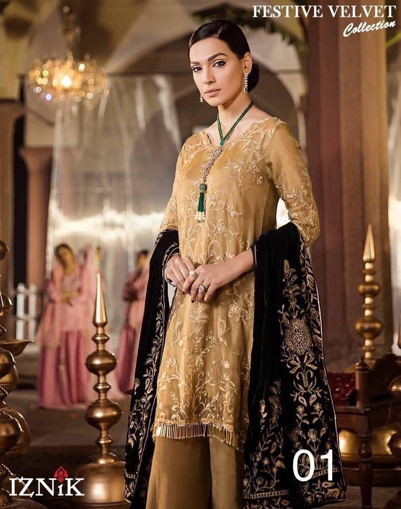 Iznik Festive Velvet 3 piece Unstitched Dress with Velvet Shawl - 01 RICH GOLD