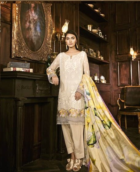 Iznik Luxury Embroidered Chiffon 3 piece Unstitched Dress – 05 Victorian White