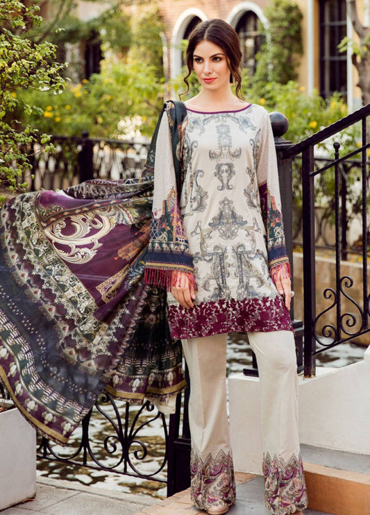 Iznik Premium Embroidered Lawn Unstitched 3 Piece Suit - 01 Purple Whiteness