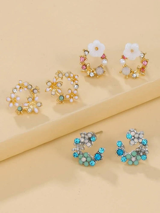 3pairs Pearl Flower Decor Stud Earrings - HDJ 017