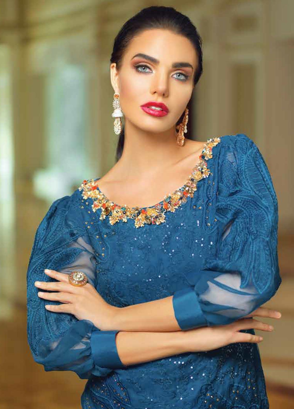 Mushq Embroidered Organza Unstitched 3 Piece Suit - 03 Carribean Sea - Festive Collection