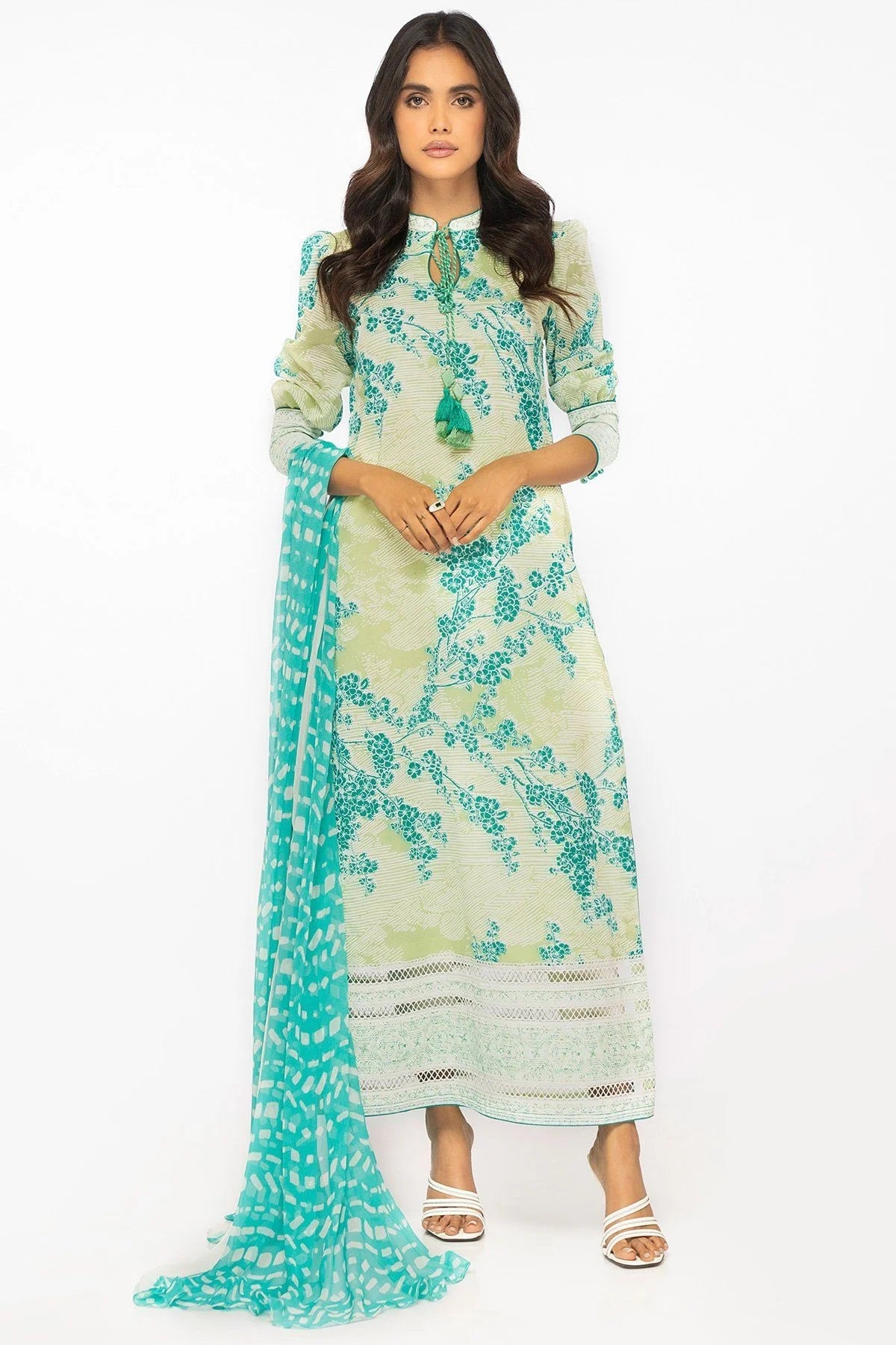 Al Karam Printed Lawn Unstitched Kurti SLR-12-22-2-Tea Green - Summer Collection