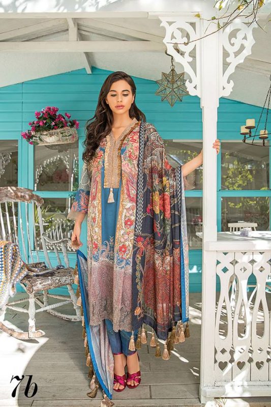Sobia Nazir Embroidered Winter Unstitched 3 Piece Suit – 7B – Printed Shawl