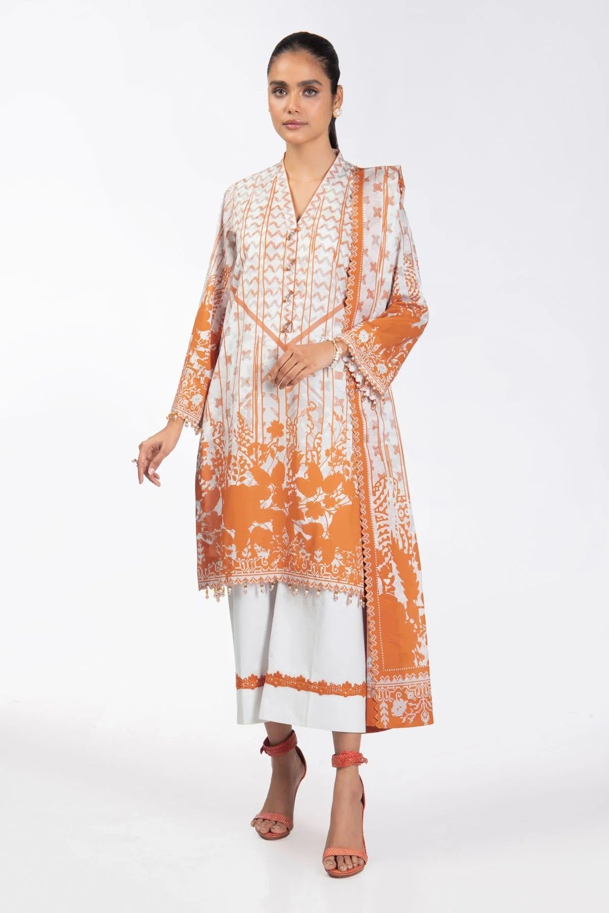 Al Karam Printed Lawn Suits Unstitched 3 Piece SS-08-22-2-Orange - Summer Collection