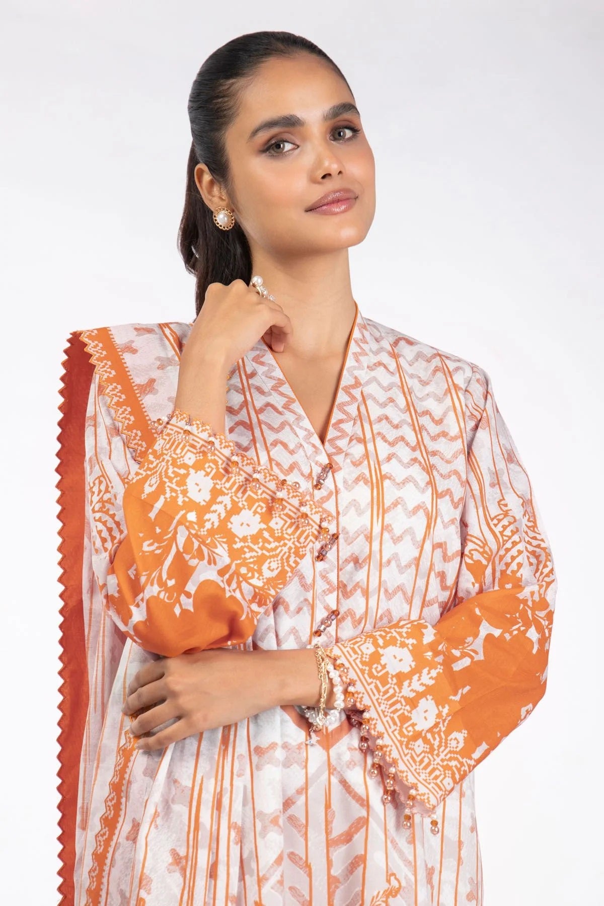 Al Karam Printed Lawn Suits Unstitched 3 Piece SS-08-22-2-Orange - Summer Collection