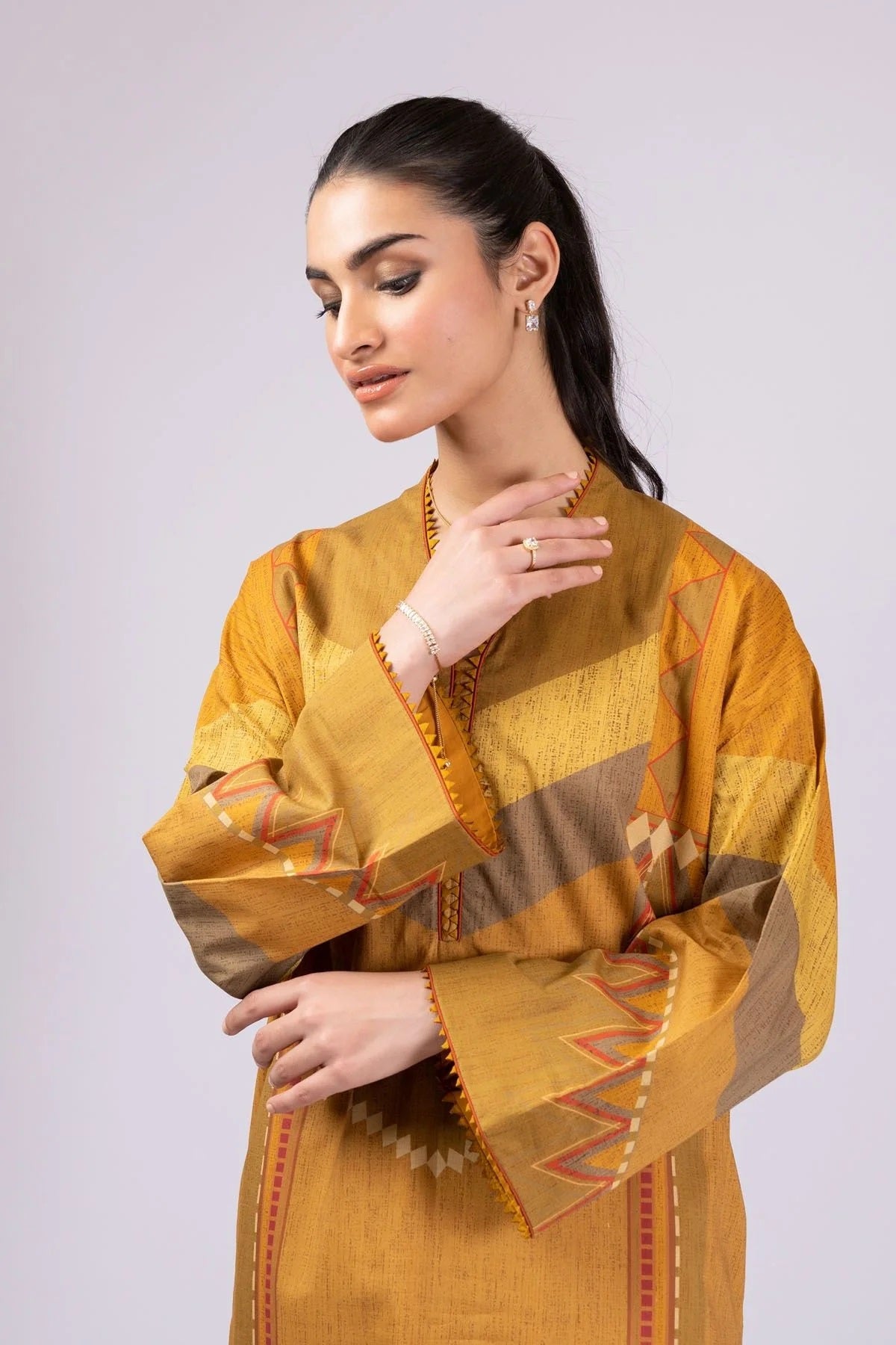 Al Karam Printed Lawn Unstitched Kurti SS-58-22-Mustard - Summer Collection